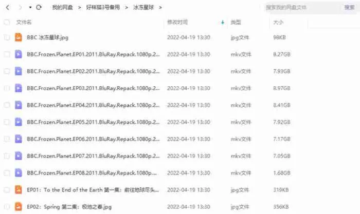 BBC纪录片《冰冻星球》8集视频合集高清英语中文字幕[MKV/57.40GB]百度云网盘下载