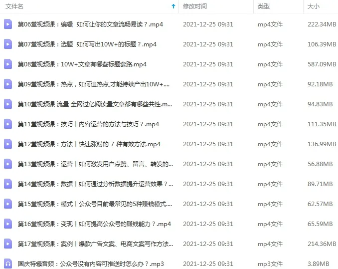 [媒体运营]《用公众号增加收入，掌握最热门的职场技能》[17讲(MP4视频)课程资源合集]【百度云网盘下载】
