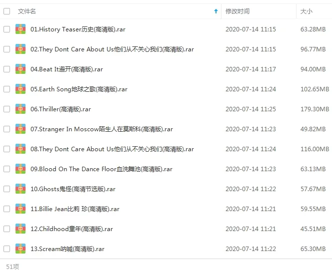 迈克尔杰克逊[MJMichael Jackson]MV高清全集百度云网盘下载资源（51首）[AVI720P480P4.55GB]