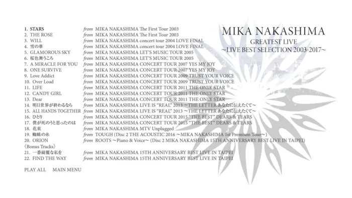 [BD日本演唱会][中岛美嘉 MIKA NAKASHIMA GREATEST LIVE ~LIVE BEST SELECTION 2003~2017][BDMV][22.3G][百度网盘]